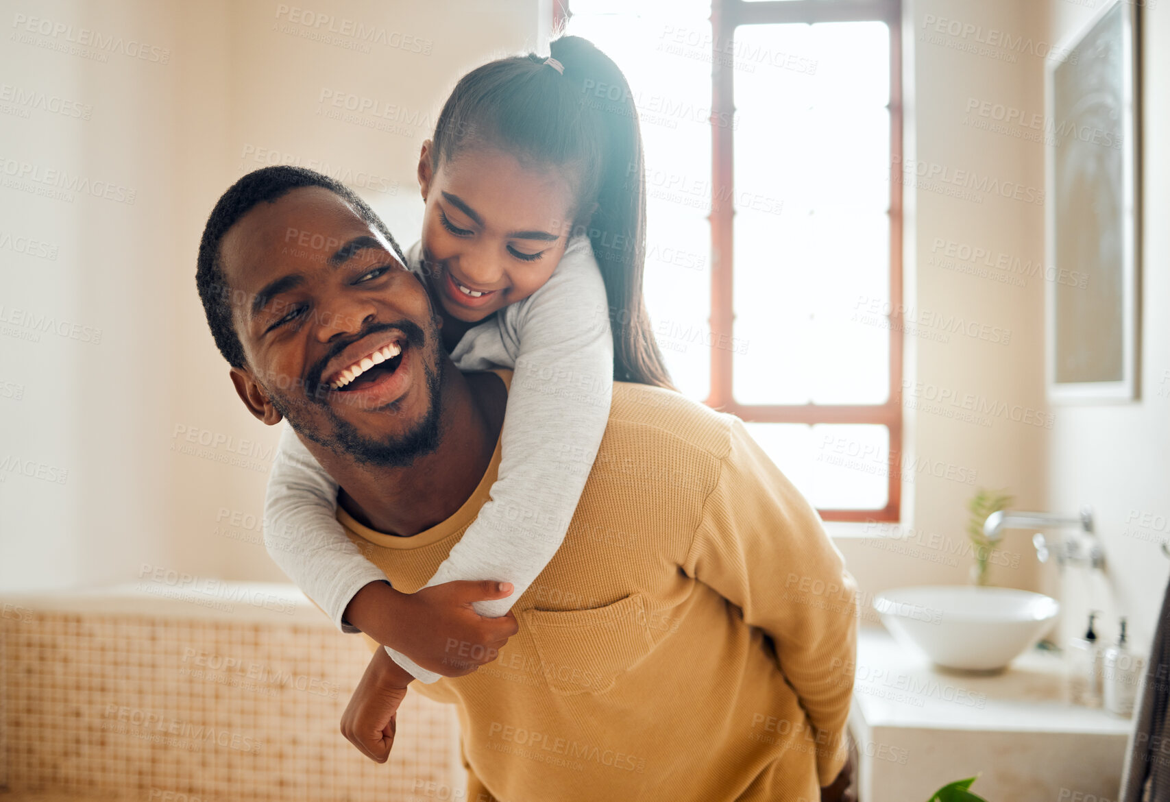 Buy stock photo Father, child or black family laughing in happy home with love, care and support while in bathroom. Man and girl kid for a piggy back ride with a smile, energy and hug for safety, health and wellness