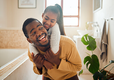 Buy stock photo Black family, father and child in a happy home with love, care and support while in bathroom. Man and girl kid for a piggy back ride with a smile, energy and hug for safety, health and wellness
