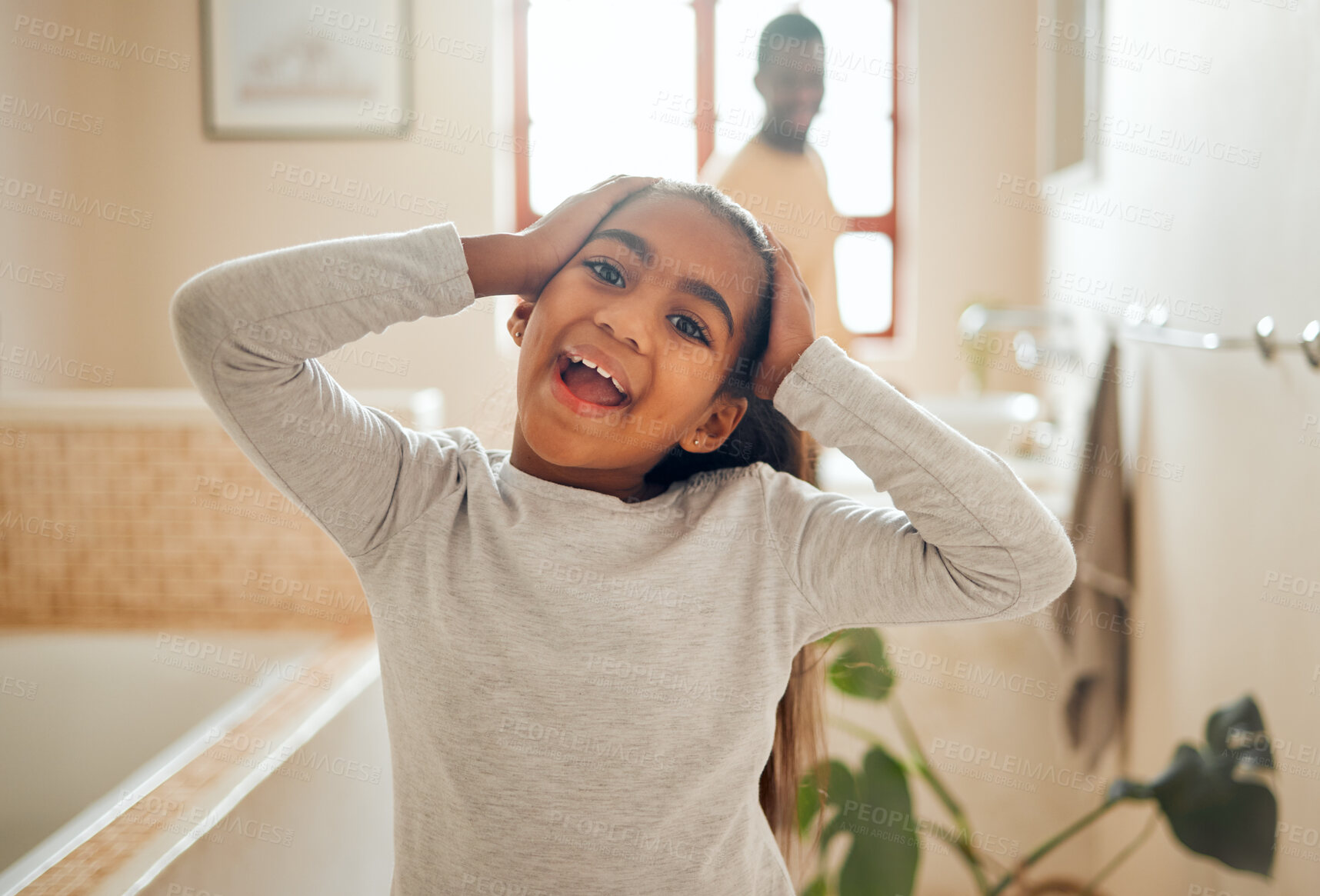 Buy stock photo Wellness, wow and portrait of girl in bathroom with father for morning routine, hygiene and cleaning. Black family, smile and face of young child for skincare, healthy lifestyle and self care at home