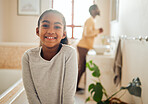 Family, wellness and portrait of girl in bathroom with dad for morning routine, hygiene and cleaning. Black family, smile and face of young child for grooming, healthy lifestyle and self care at home