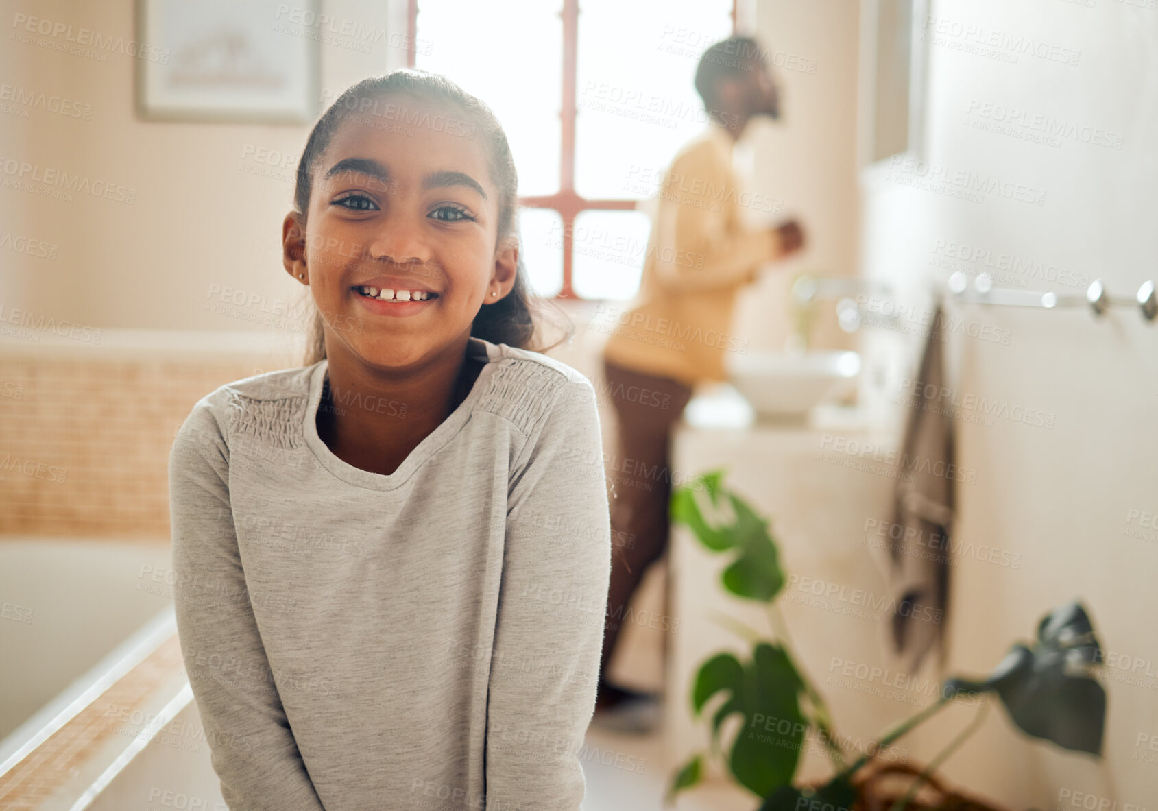 Buy stock photo Family, wellness and portrait of girl in bathroom with dad for morning routine, hygiene and cleaning. Black family, smile and face of young child for grooming, healthy lifestyle and self care at home