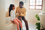 Black family, high five and happy child with father in home bathroom with love, care and support. Man and girl kid for a pep talk and communication with a smile, energy and celebration of trust