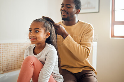 Buy stock photo Family, black father and help girl with hair, smile and bonding together in bathroom, relax and conversation. Love, dad and daughter with hairstyle, happiness or loving with kid and child development
