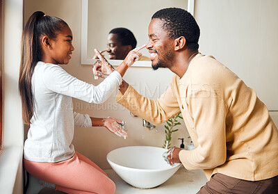 Buy stock photo Black family, soap nose and washing hands for health and wellness in home bathroom. Man teaching girl while cleaning body for safety, healthcare and bacteria while playing and learning about wellness