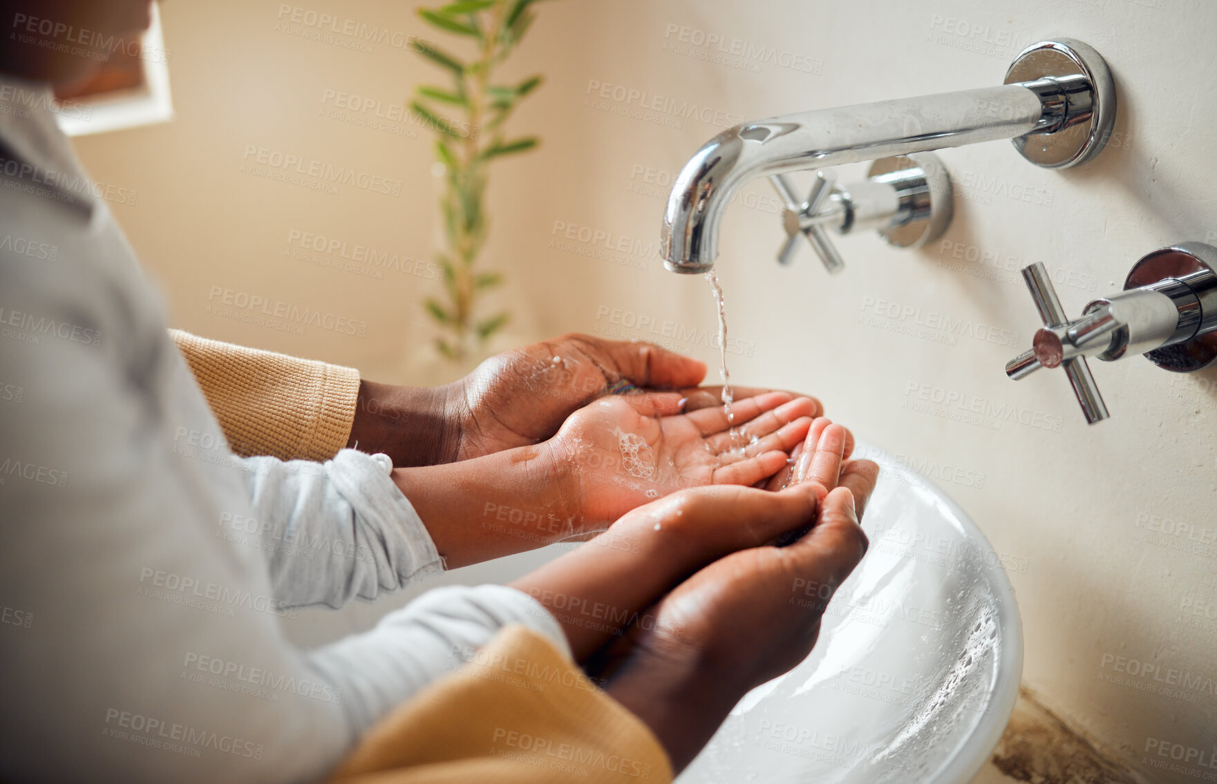 Buy stock photo Cleaning hands zoom, people and skincare with hygiene in bathroom, disinfection and self care with wash water. Parent, child quality time together and clean with health and wellness at family home