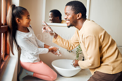 Buy stock photo Black family, washing hands and health care with soap to clean in home bathroom. Man teaching girl while cleaning body for safety, healthcare and bacteria for learning about wellness while bonding