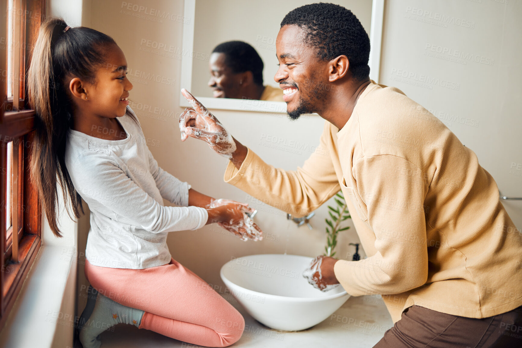 Buy stock photo Black family, washing hands and health care with soap to clean in home bathroom. Man teaching girl while cleaning body for safety, healthcare and bacteria for learning about wellness while bonding