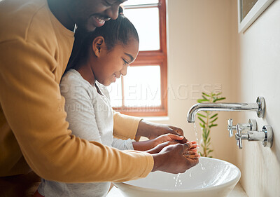 Buy stock photo Man with girl, washing hands for hygiene in bathroom and disinfection, cleaning and self care with water for wash. Father, daughter quality time together and clean hand, happy family with health
