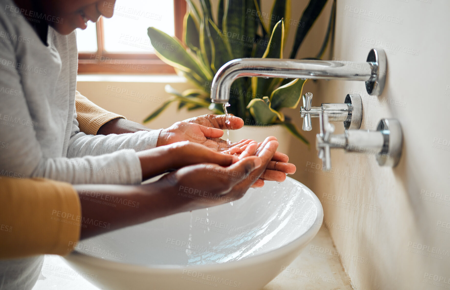 Buy stock photo Cleaning hands zoom, people and hygiene in bathroom, disinfection and washing, self care with water for wash. Parent, child quality time together and clean hand, happy family with health and wellness