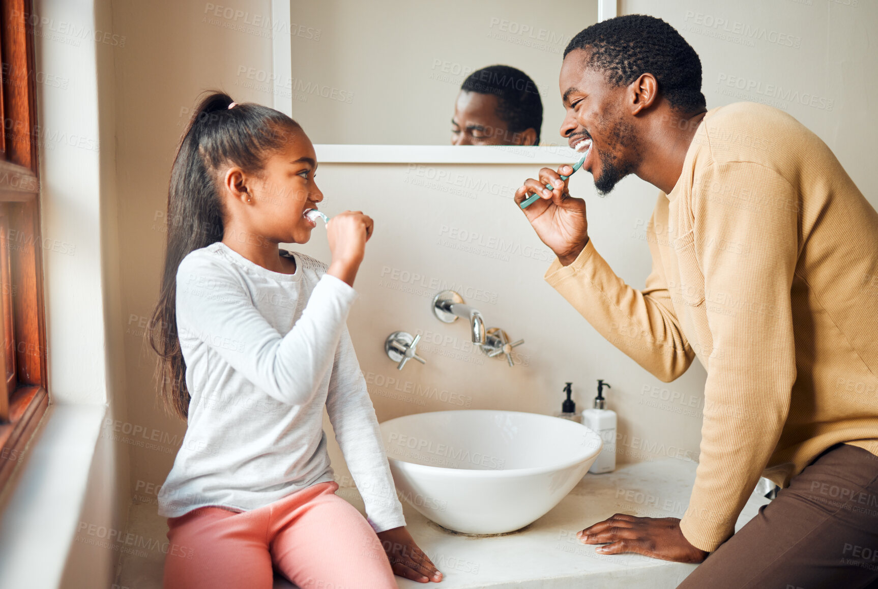 Buy stock photo Brushing teeth, dental health and father with daughter in a bathroom for hygiene, grooming and bonding. Oral care, girl and parent, people and cleaning while having fun, playful and smile at home