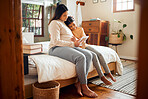 Pregnant mom, tablet and girl in a bedroom bonding with cartoon streaming or knowledge development. Kids app, happy mama and relax child on a bed with mother love and care learning on the web at home