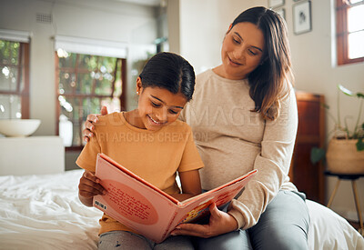 Buy stock photo Pregnant mother reading to child for learning, language and home development help, support and bonding. Family, Indian people or mom and kid with storytelling book and creative education or teaching