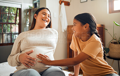 Buy stock photo Family, baby and pregnant mother in home with excited, happy and joyful smile of kid touching belly. Indian mom and  child waiting for baby sibling and bonding together in bedroom at house.