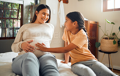Buy stock photo Happy, pregnant and mother with kid on bed for belly touch with excited, curious and joyful smile. Indian family and child waiting for baby sibling and bonding together with mom in home bedroom.