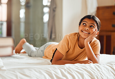 Buy stock photo Fantasy, bed and black girl thinking, ideas and relax on weekend, happiness and summer break. African American female child, young lady or daydreaming, imagination and thought with wonder and bedroom