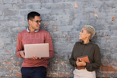 Buy stock photo Smart university students on brick wall for teamwork, collaboration and planning phd research on laptop. Black people, woman or friends talking of college application, social life and campus chat
