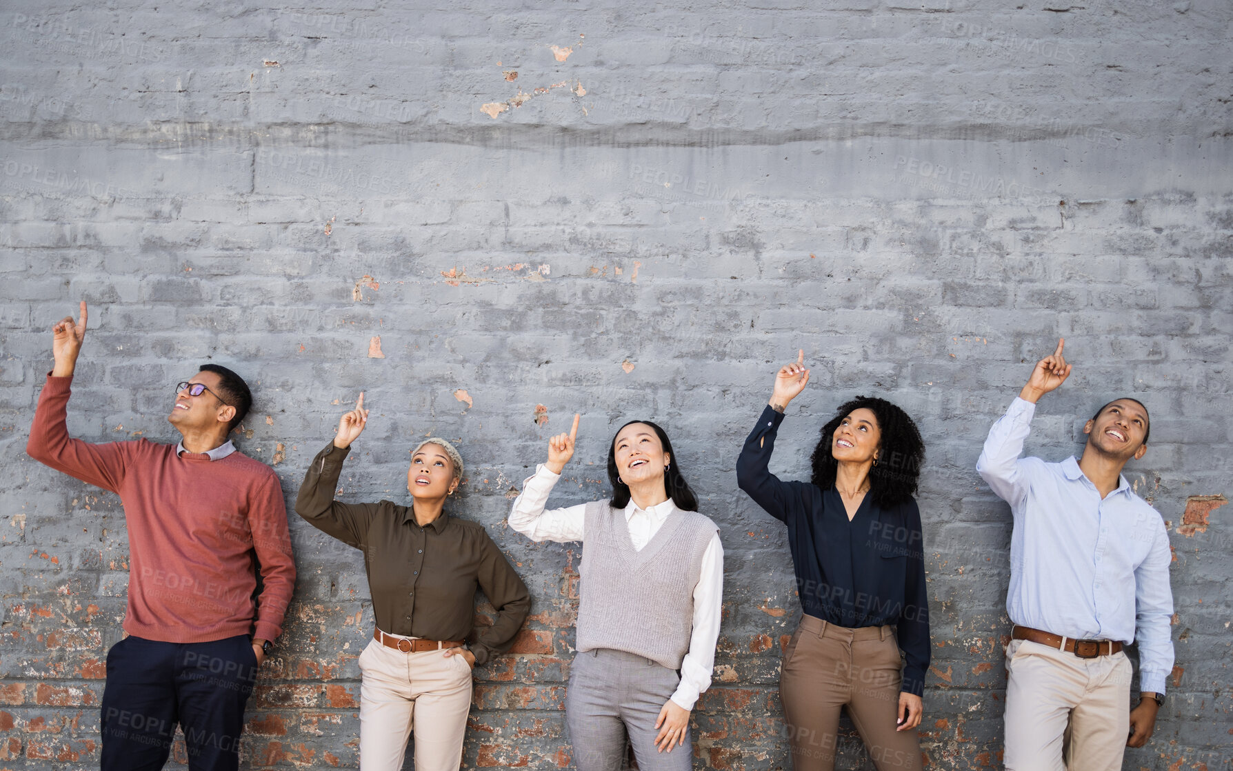 Buy stock photo Diversity, wall and happy business people pointing at mockup space, marketing mock up or advertising. Collaboration, teamwork or row of company employee group with hand gesture for hiring recruitment