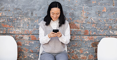 Buy stock photo Woman texting, waiting for interview on chairs and typing on phone, recruitment and employment with smile. Happy person in Japan sitting on chair, smiling and excited for job opportunity for people.