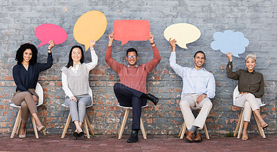 Buy stock photo Speech bubble, communication and feedback with business people and mockup for social media, vote and review. Design, contact and chat sign with employee and board at brick wall for voice and opinion 