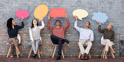 Buy stock photo Speech bubble, communication and idea with business people and mockup for social media, vote and review. Design, contact and chat sign with employee and board at brick wall for voice and opinion 