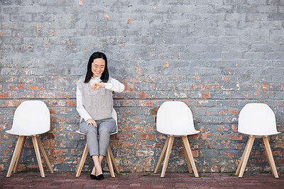 Buy stock photo Business, Asian woman and check time for job interview, waiting and smile in line on chair. Female employee, confident lady and interviewee for work opportunity, hiring and schedule with appointment