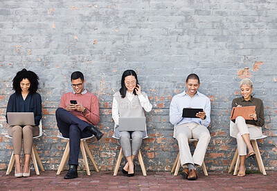 Buy stock photo Business people, line and sitting relax with technology for interview meeting, recruitment or company hiring. Human resources, employees happy and working on laptop, tablet or smartphone in studio