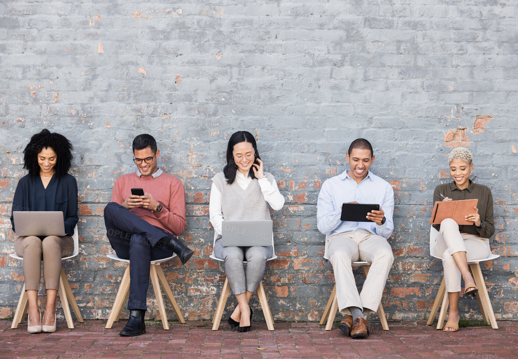 Buy stock photo Business people, line and sitting relax with technology for interview meeting, recruitment or company hiring. Human resources, employees happy and working on laptop, tablet or smartphone in studio