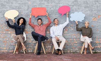 Buy stock photo Speech bubble, feedback and idea with business people and mockup for social media, vote and review. Design, contact and chat sign with employee and board at brick wall for voice, opinion and news
