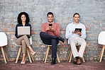 Happy, recruitment or startup people portrait for marketing agency interview, Human Resources or hiring team. Teamwork, collaboration or employee smile for cyber, tech and digital work job interview
