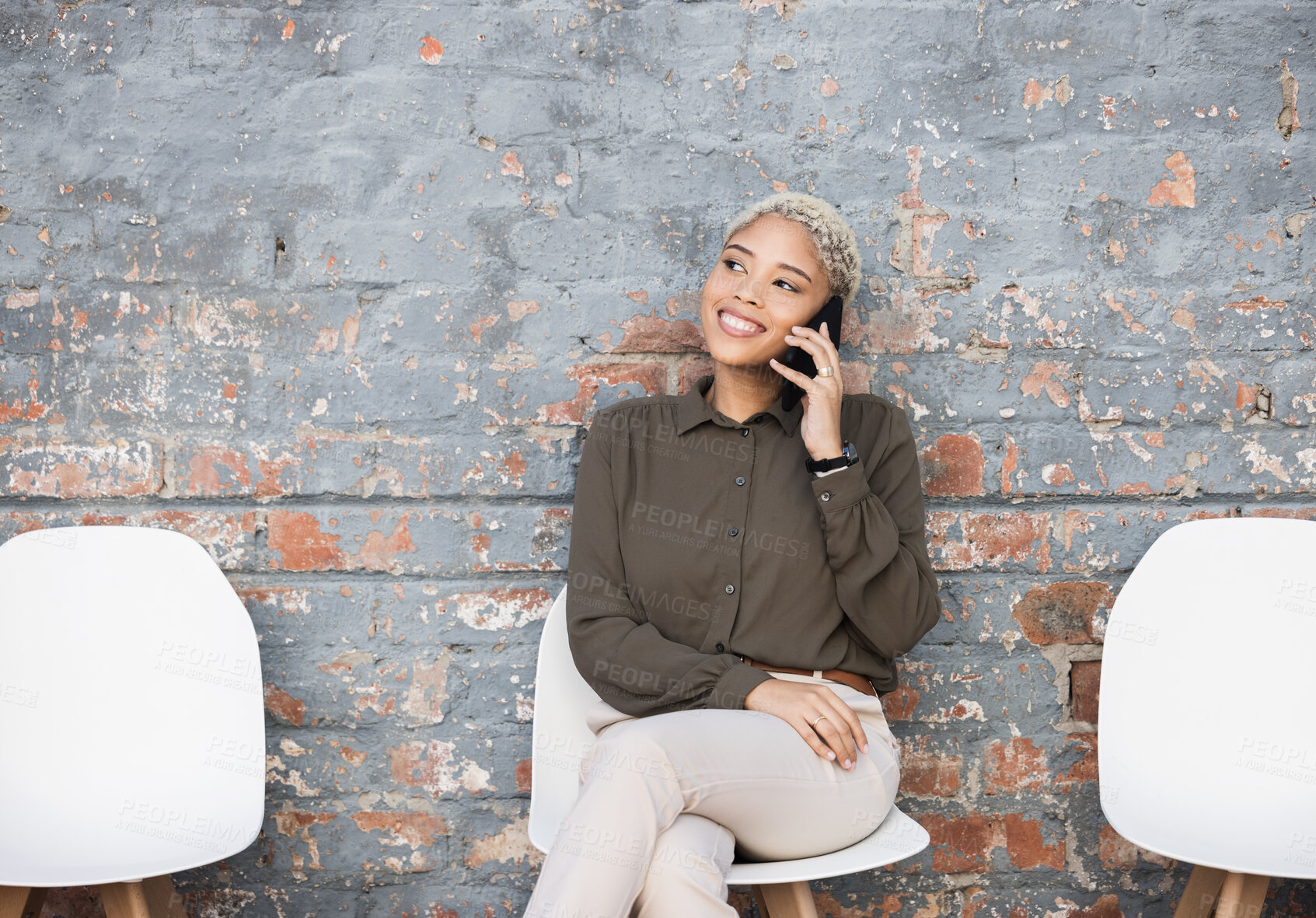 Buy stock photo Phone call, recruitment and woman thinking on brick wall, sitting in line for opportunity, hr news and career vision. Smartphone, waiting room and black person for hiring, networking or feedback talk