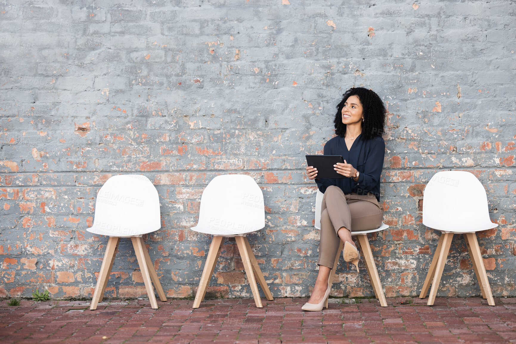 Buy stock photo Thinking, recruitment and woman with a tablet for an interview, communication and information. Happy, thoughtful and employee with technology for hiring process, inspiration and idea for a job