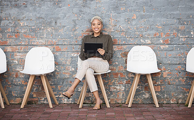 Buy stock photo Recruitment, portrait and black woman tablet outside for job opportunity, hr and career success. Digital technology, waiting room and gen z person on social media app for we are hiring on brick wall
