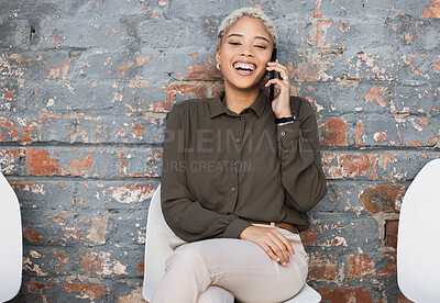 Buy stock photo Happy woman, funny phone call and business portrait for communication, contact us and 5g connection. Face of a entrepreneur person laughing on a smartphone for networking outdoor on chair by a wall