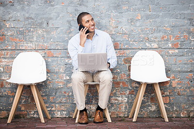 Buy stock photo Recruitment, phone call and black man thinking on brick wall or waiting room for career dream, opportunity or job search. Happy person in line on smartphone for hiring news, interview and recruiting