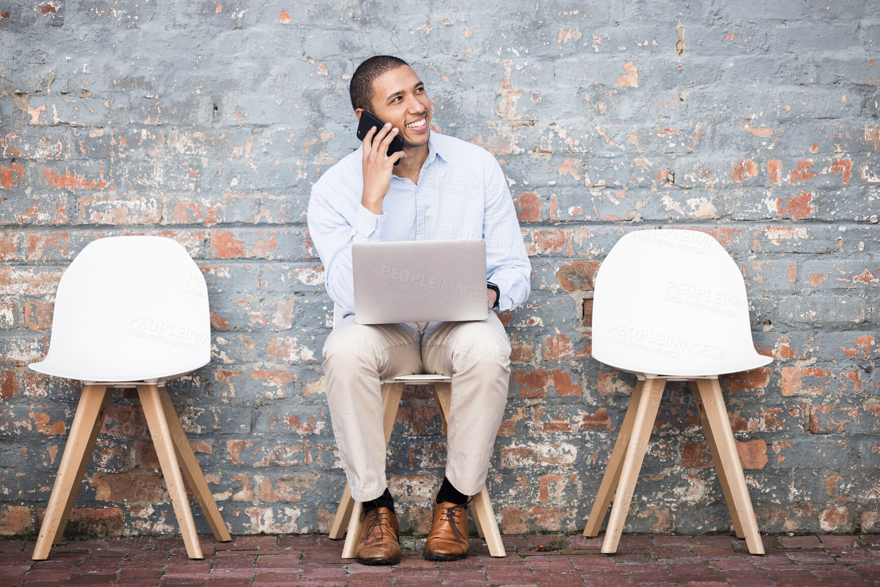 Buy stock photo Recruitment, phone call and black man thinking on brick wall or waiting room for career dream, opportunity or job search. Happy person in line on smartphone for hiring news, interview and recruiting