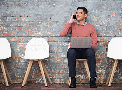Buy stock photo Phone call, recruitment and man on brick wall, sitting in line with hr news, job opportunity and hiring success. Smartphone, waiting room and person on technology for career networking and interview