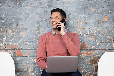 Buy stock photo Phone call, interview and man on brick wall, sitting in line for hr news, job opportunity and recruitment success. Smartphone, waiting room and person technology for career networking and job search