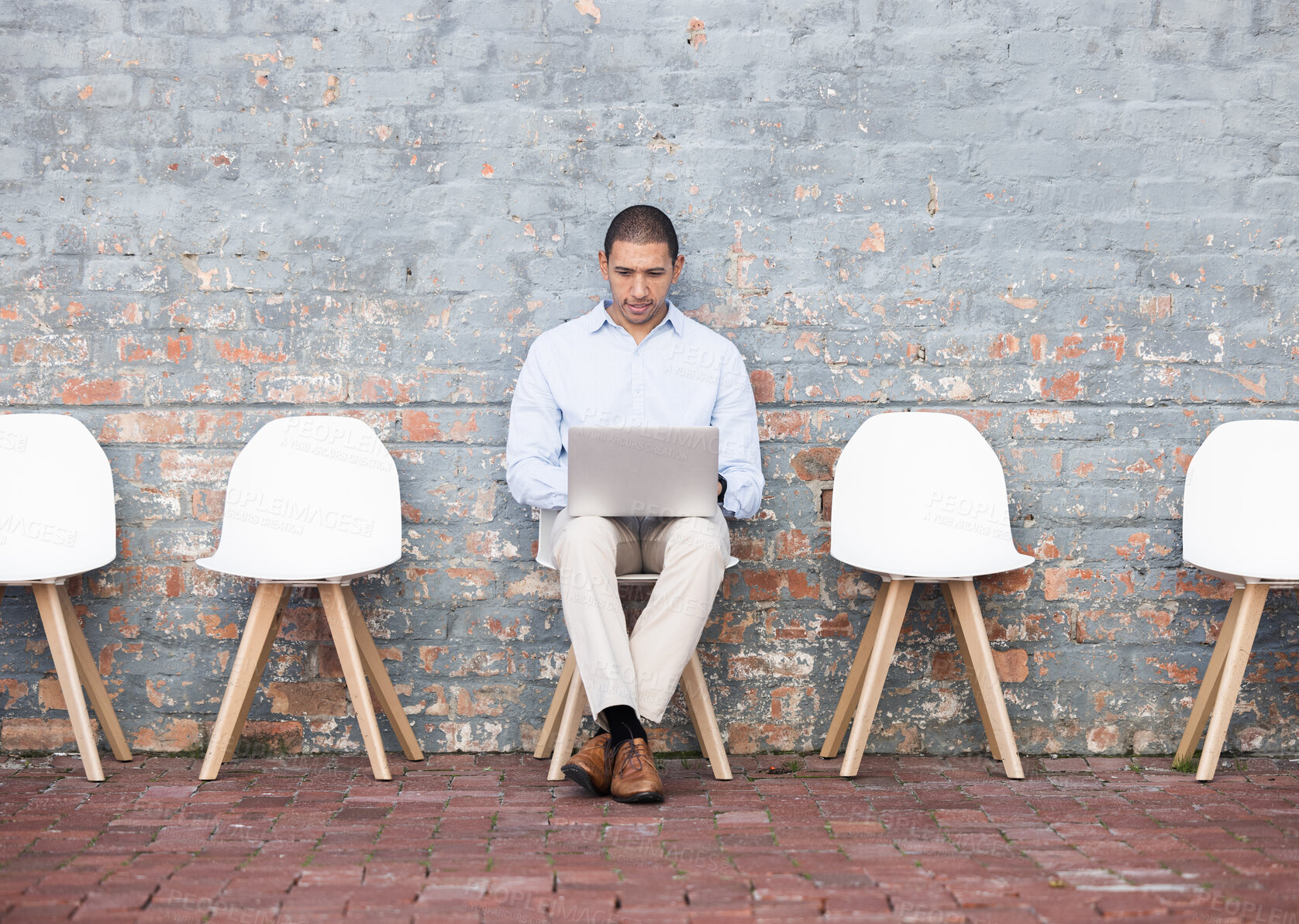 Buy stock photo Laptop, startup man for recruitment in digital agency with tech waiting for business meeting, HR or hiring team. Business man, research or employee job interview for a cyber, programmer or hacker