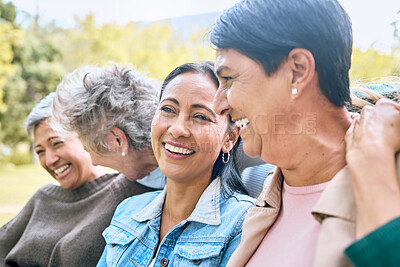 Buy stock photo Friends, park and senior women laughing at funny joke, crazy meme or comedy outdoors. Comic, face and happy group of retired females with humor bonding, talking and enjoying time together in nature.