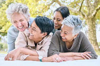 Buy stock photo Funny women and picnic with retirement friends laughing at joke and bonding together for wellness. Happy, care and smile of senior people in interracial friendship at park for relaxed hangout.

