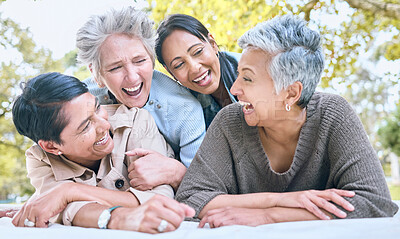 Buy stock photo Wellness, happy and retirement women friends laugh in park for group bonding and relaxing lifestyle. Funny joke and smile of senior people in interracial friendship in nature together.

