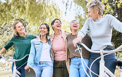 Buy stock photo Happy senior woman, friends and laughing in joyful happiness enjoying fun time together at the park. Group of elderly women bonding and sharing joke, laugh or walking and cycling in the outdoors