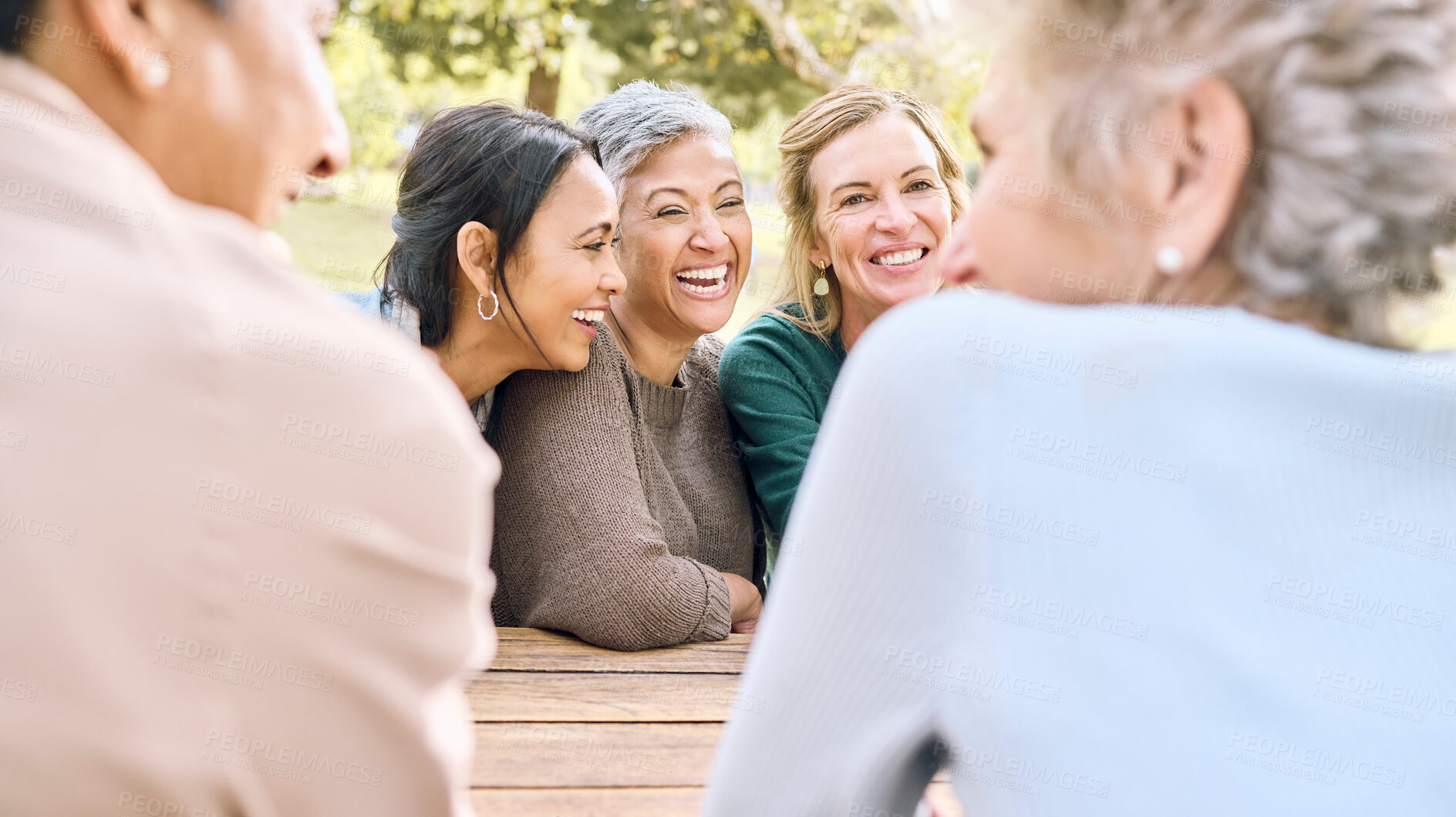 Buy stock photo Senior, happy or friends in a park talking or speaking of funny gossip while relaxing holiday vacation in summer. Smile, old people or elderly women laughing at a crazy joke or bonding in nature