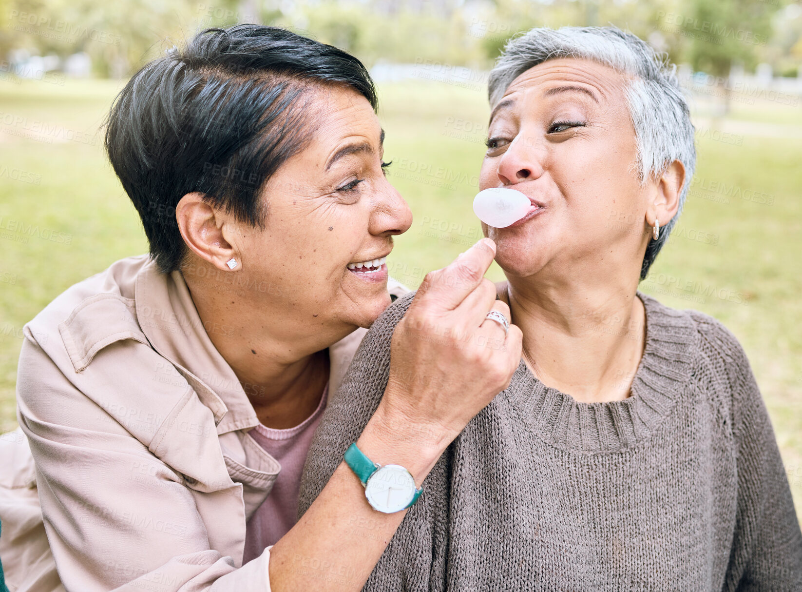 Buy stock photo Senior women, bubblegum and couple of friends together outdoor for comic fun while happy on grass. People together in nature for bonding, happiness and relax on retirement holiday with support