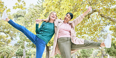 Buy stock photo Dance, happy or senior friends in a park in celebration of a crazy, funny or relaxing holiday vacation in summer. Wellness, old woman or elderly women hugging, bonding or dancing playfuly in nature