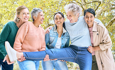 Buy stock photo Senior women, portrait and silly fun in bonding, comic games and goofy energy activity in nature park, garden and environment. Smile, happy and diversity elderly friends in retirement community group