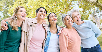Buy stock photo Senior women, people or bonding hug while bird watching in nature park, spring garden or relax environment. Smile, happy or diversity elderly friends in retirement support, trust or community social