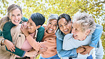 Friends, park and portrait of group of women enjoying bonding, quality time and relax in retirement together. Diversity, friendship and faces of happy senior females with smile, hugging and laugh