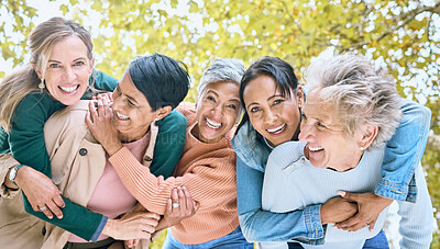 Buy stock photo Friends, park and portrait of group of women enjoying bonding, quality time and relax in retirement together. Diversity, friendship and faces of happy senior females with smile, hugging and laugh