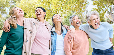 Buy stock photo Senior people, laughing and bonding in comic joke or funny meme in nature park, spring garden or relax environment. Smile, happy women or diversity elderly friends with comedy in retirement support